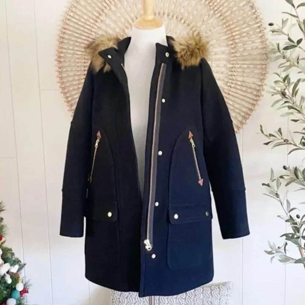 J. Crew‎ Chateau Parka Stadium Italian Wool Faux Fur Hood SZ 0
